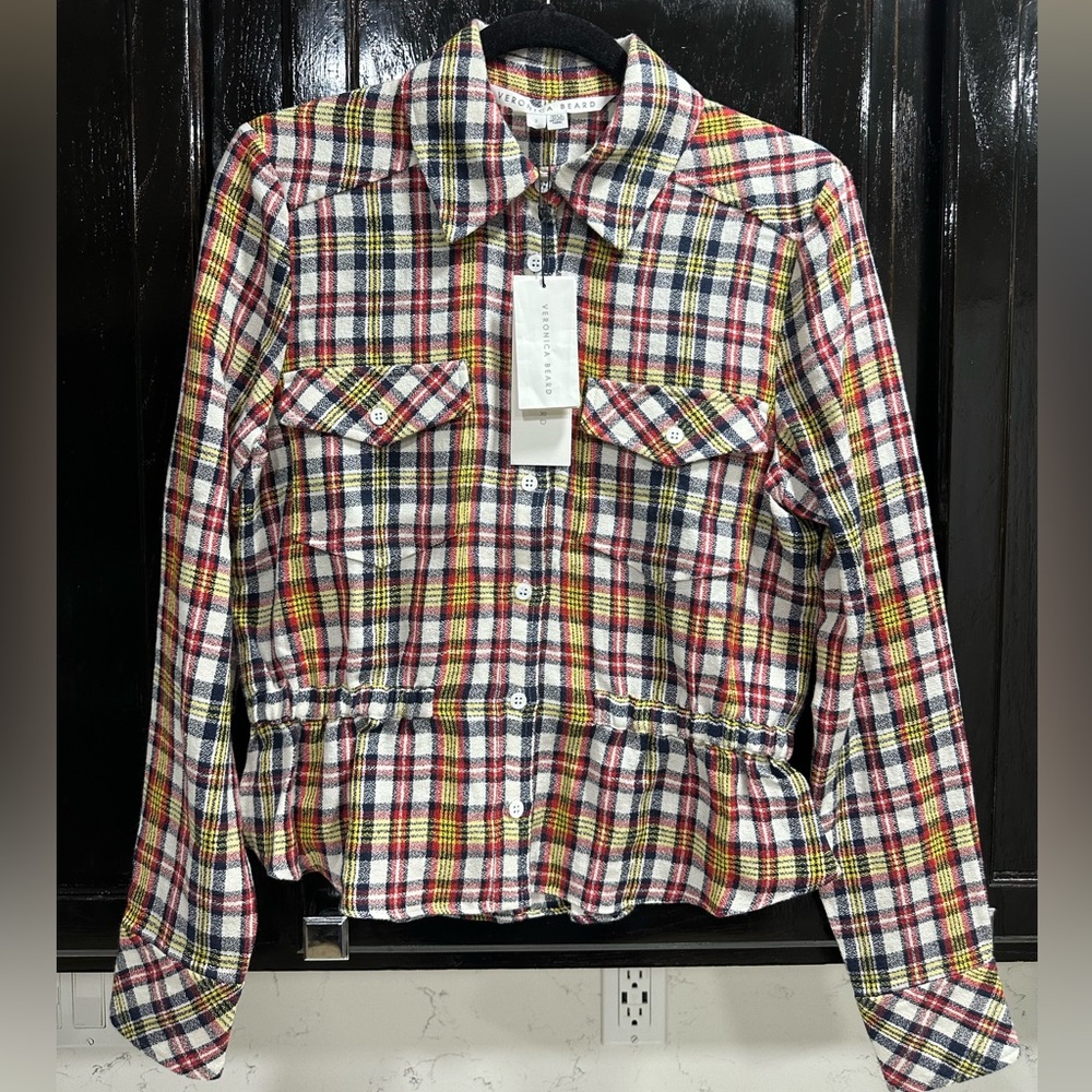 Veronica Beard NWT Shania Plaid Long Sleeve Linen Cinched Top Blouse Size 2